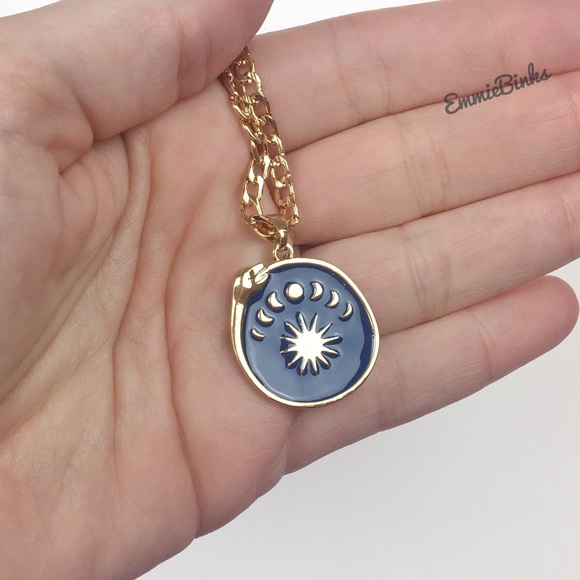 LAST 1 New Gold Plated Ouroboros Moon Phase Enamel Pendant Necklace - Gold Blue - Picture 5 of 13